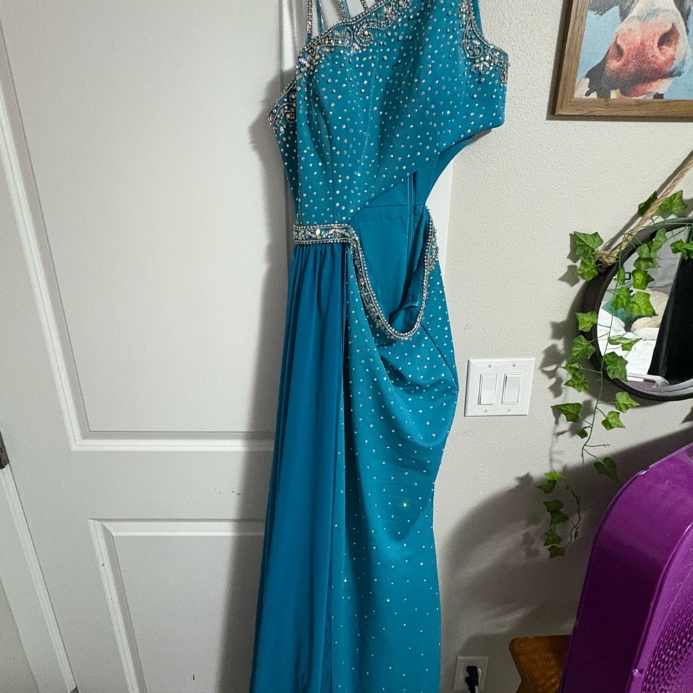 Johnathan Kayne Turquoise One-Shoulder Dress with Silver Accents